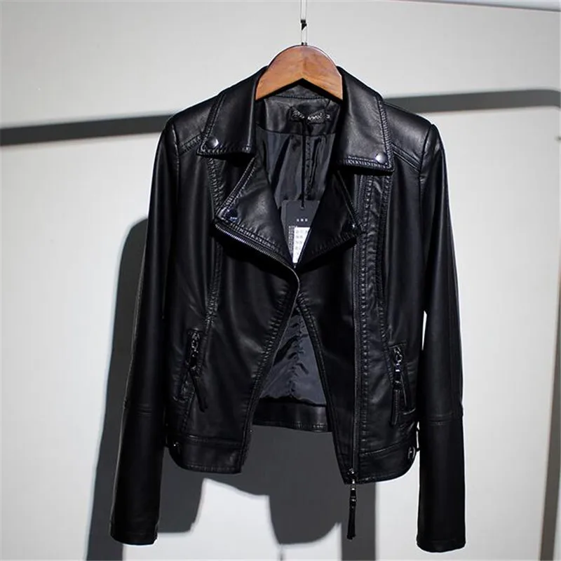 Fashion Ms Lapel Tops Short paragraph Women PU Leather coat Slim Long sleeves Leather coat Elegant Autumn/winter jackets 1117