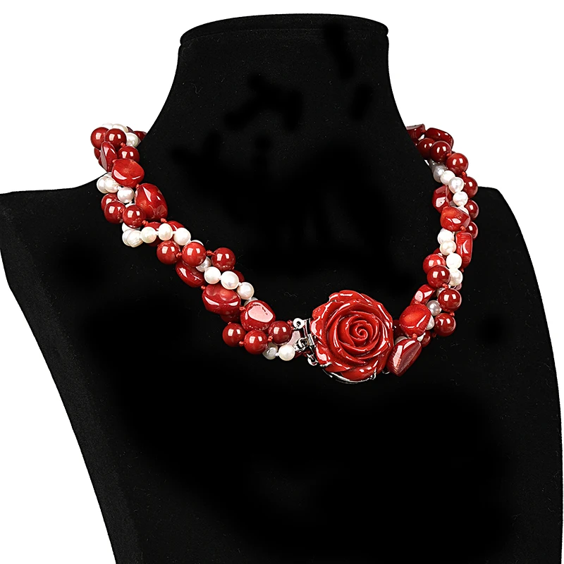 

Size For 7-8mm Red and White Natural Red Coral&Pearls with Rose Pendant For Necklace 20inch jewelry Gifts H181