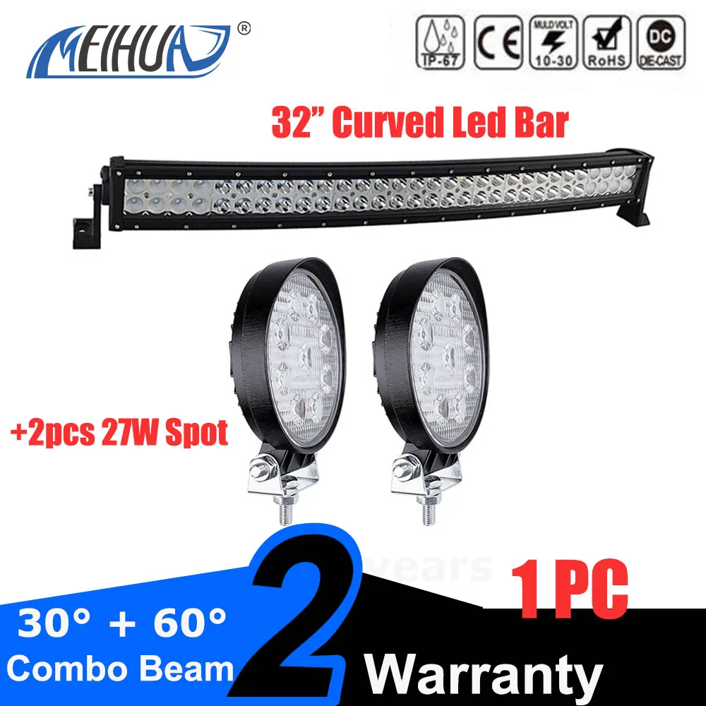 

32inch 180w Curved LED Light Bar Combo Offroad Driving Fog Light+2pcs 27w Work Light Spot for 4X4 4WD Jeep Truck Tractor 12v 24v