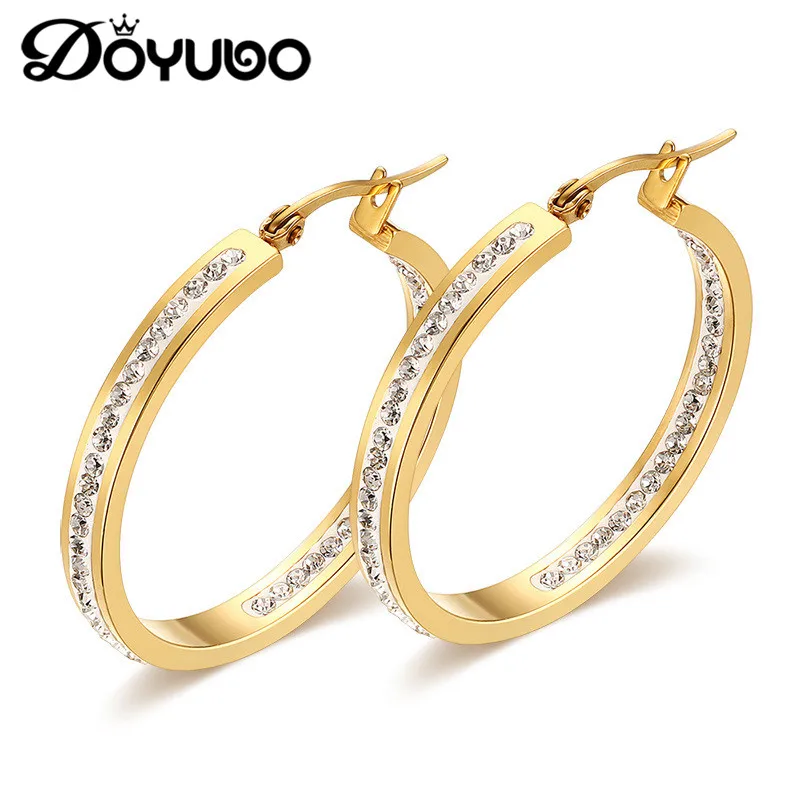 

DOYUBO Classical Gold Color 316L Stainless Steel Hoop Earrings For Women High Quality White Rhinestone Earrings Jewelry DB010