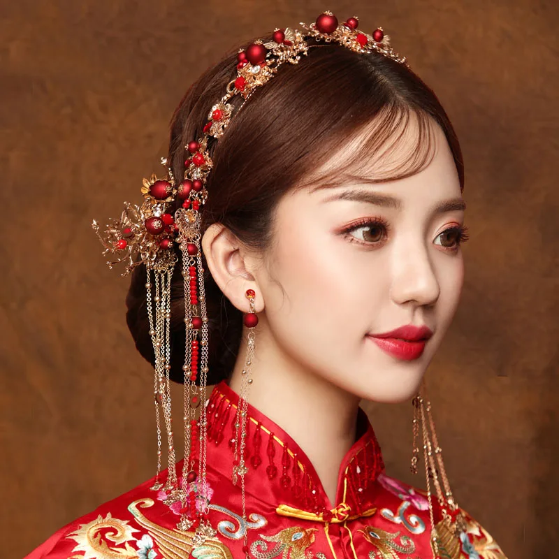 Китайские наборы аксессуаров для волос шпилька заколка красная Свадебная