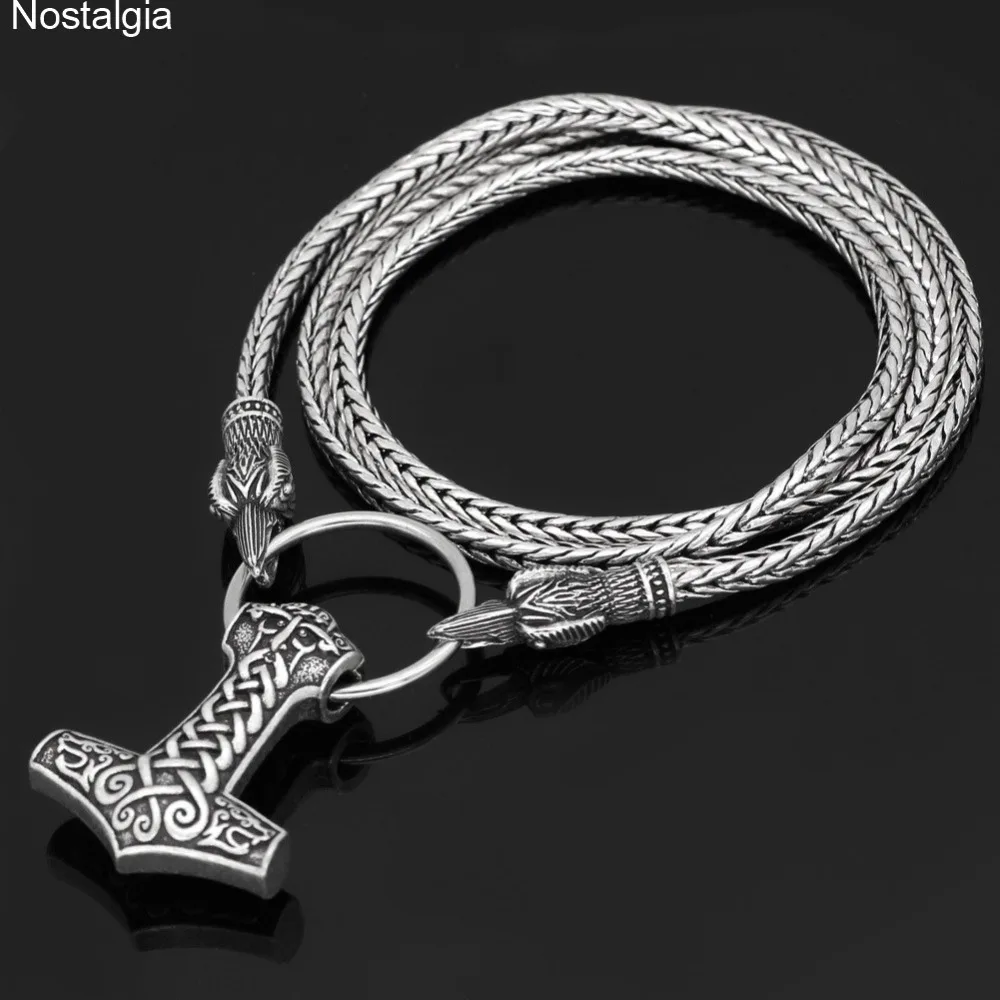 Ностальгия Odin Mjolnir ювелирные изделия в стиле викингов Ворон голова Тор молоток кожа длинные славянские бусы Wicca Pagan талисманы-подвески