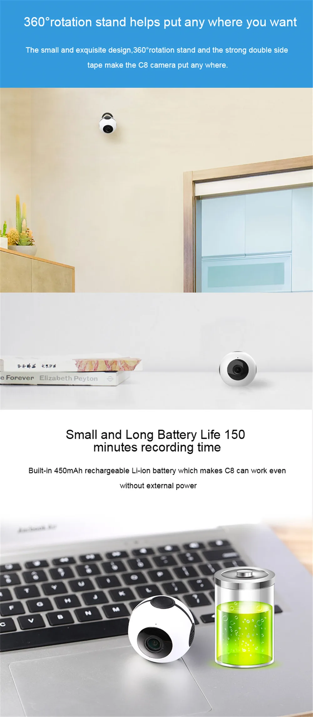 C8 мини Камера Wi-Fi IP HD Ночное видение 720 P видеокамера наружный DVR DV 140 градусов Широкий формат обнаружения движения портативная камера