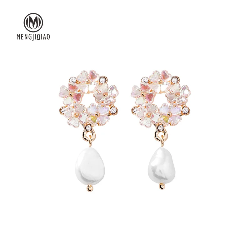 MENGJIQIAO 2019 Japan New Colorful Elegant Shell Flower Drop Earrings For Women Shiny Zircon Freshwater Pearl Pendientes Jewelry | Украшения