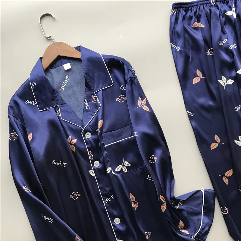 New brand men pajama set long sleeve silk men's pajamas print casual home clothes male sleepwear pyjama suit pijama hombre