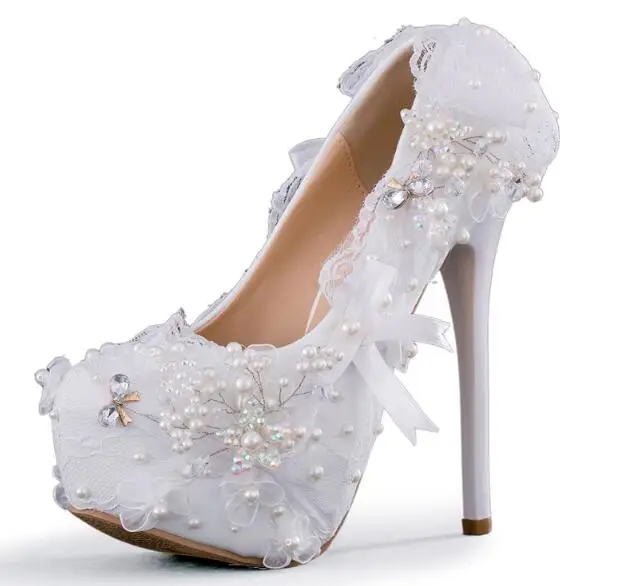 Wedding Shoes white woman high heel bling crystal pearl decor stiletto sexy pumps platform heels party feamle dress shoes | Обувь