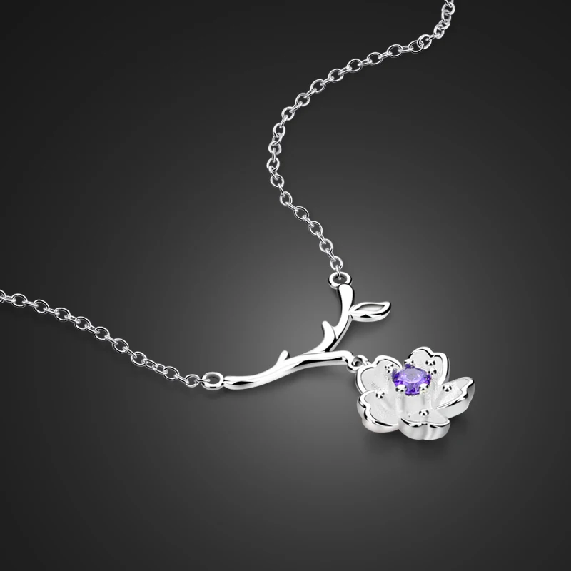 

Chinese style 925 sterling silver necklace girl charm jewelry purple zircon flower pendant silver necklace free shipping bijoux
