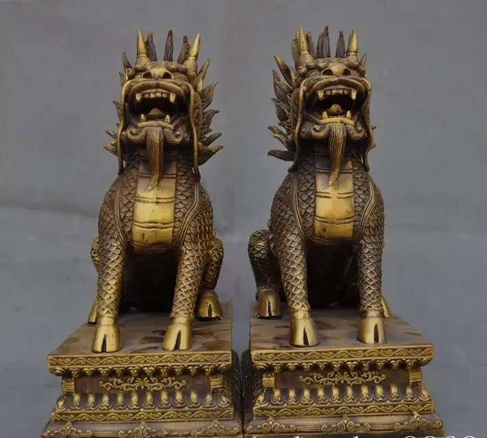 10 &quotКитайский Фэншуй латунный Дракон цилин Кирин Килин Чи-Лин Бог пара статуй