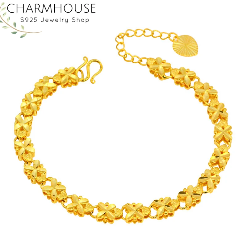 Чистый желтый золотой цвет браслеты для женщин 5 мм браслет цепочка с цветами и