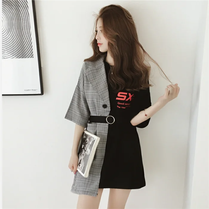 Ins Сетчатое сшитое поддельное платье из двух частей с буквенным принтом женская