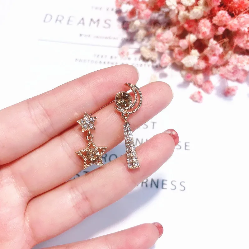 MENGJIQIAO,, корейские новые, полные стразы, милые, луна, звезда, ассиметричные серьги для женщин, модные, вечерние, висячие, Букле д 'ореиль, подарки