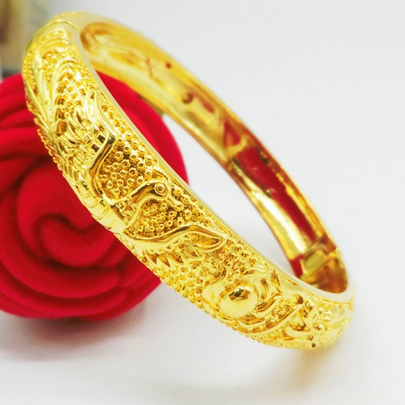 Женский жёлтый свадебный браслет с рисунком дракона Феникса 60 мм|gold bracelet patterns|women