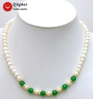qingmos trendy natural pearl chokers necklace for women with 8mm green jades 6 7mm white pearl necklace 17 fine jewelry 0411