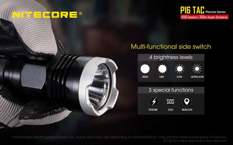 Тактический светильник NITECORE P16TAC P16 TAC для вспышки CREE XM-L2, максимальная дальность луча 1000 люмен, 300 м, уличный фонарь, поисково-спасательный светильник