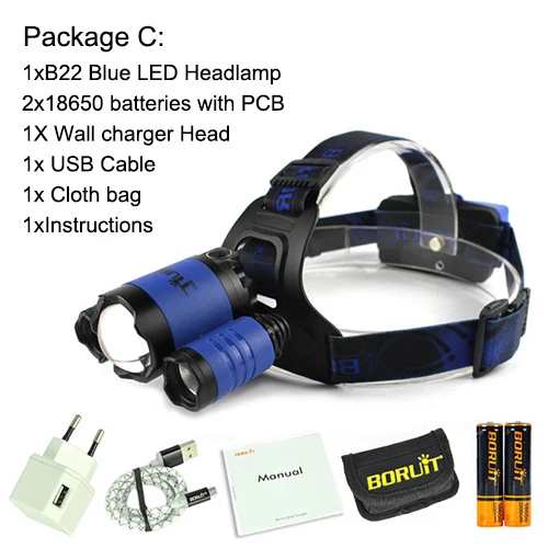 Boruit B22 18650 перезаряжаемый светодиодный налобный фонарь красный светильник Cree XM-L2 светодиодный Zoomble водонепроницаемый фонарь вспышка светильник головной светильник зарядка через usb - Испускаемый цвет: Blue