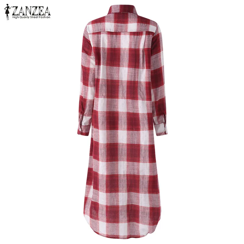 Клетчатая рубашка Vestido ZANZEA, женское длинное платье с отворотом и длинным рукавом, повседневная хлопковая туника на пуговицах, сарафан, Халат