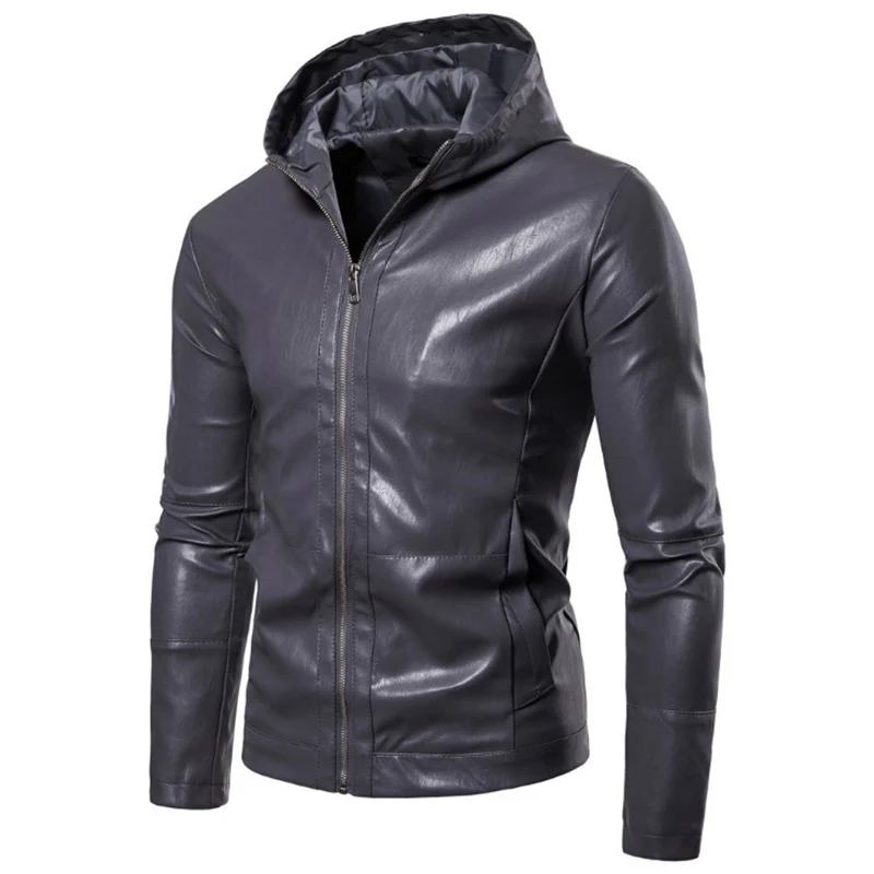 Мужская куртка на молнии черная мотоциклетная из искусственной кожи с капюшоном