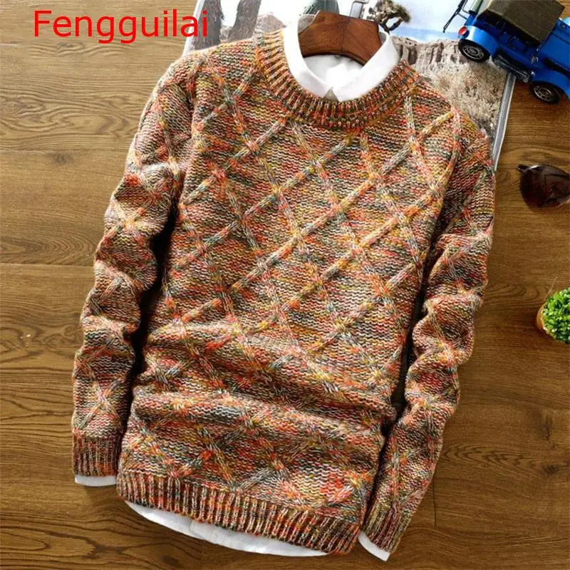Fengguilai модный мужской свитер Уличная Повседневная облегающая мужская одежда с длинным рукавом трикотажные пуловеры зимние толстые с круглым вырезом