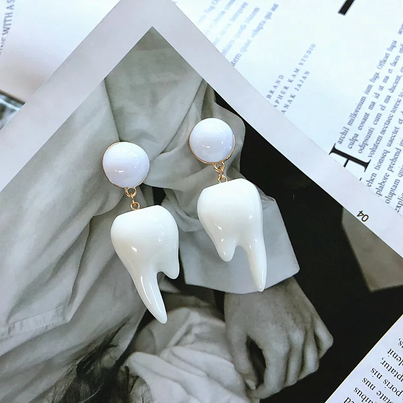 IGU 3cm Big Creative White Resin Acrylic Tooth Earrings Women Girls Personal Party Drop Wholesale Brincos | Украшения и