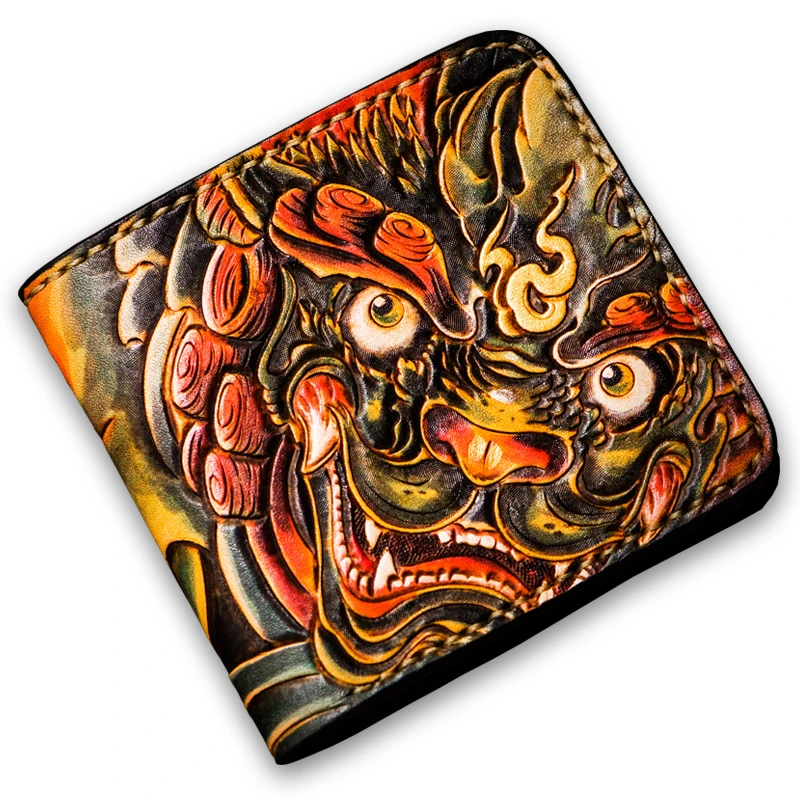 

Hand-made Short Lion Wallets Purses Women Men Clutch Vegetable Tanned Leather Thin Wallet Card Holder Auspicious Omen