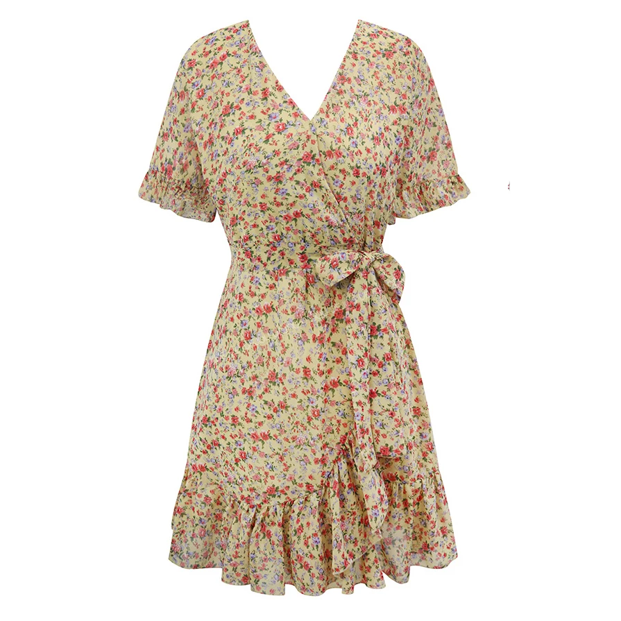 Милое мини платье женское модное летнее с коротким рукавом узкой талией бантом