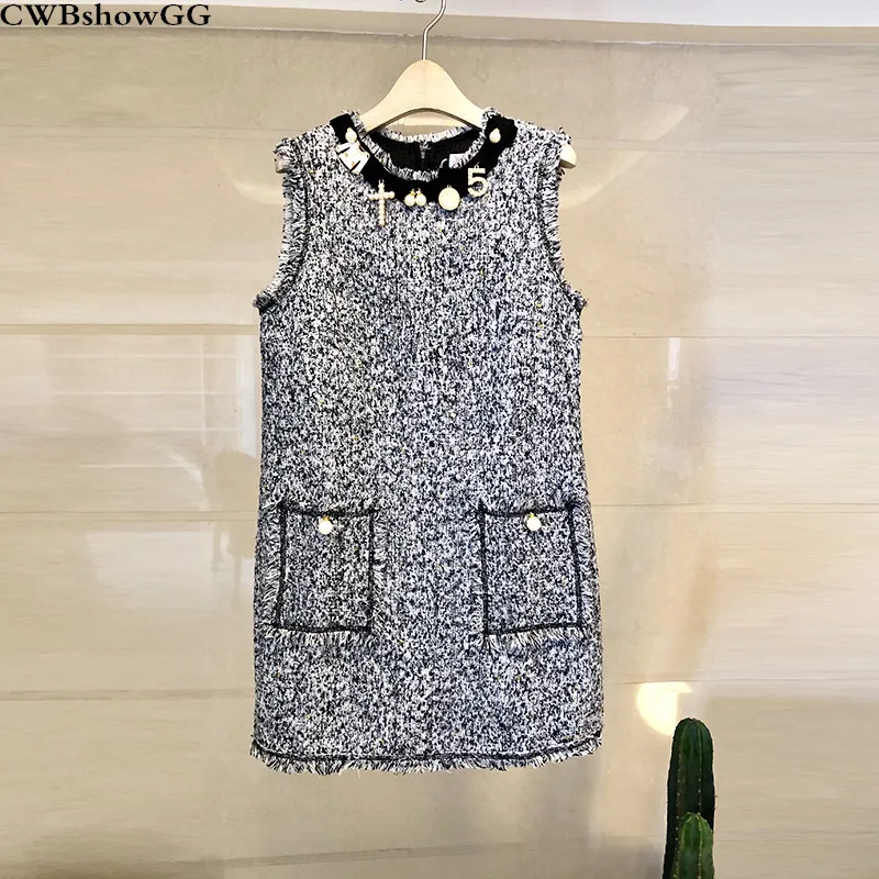 

Осенне-зимние жилеты, тонкий жилет, женское небольшое ароматное свободное твидовое платье, шерстяное винтажное мини-платье без рукавов с кр...