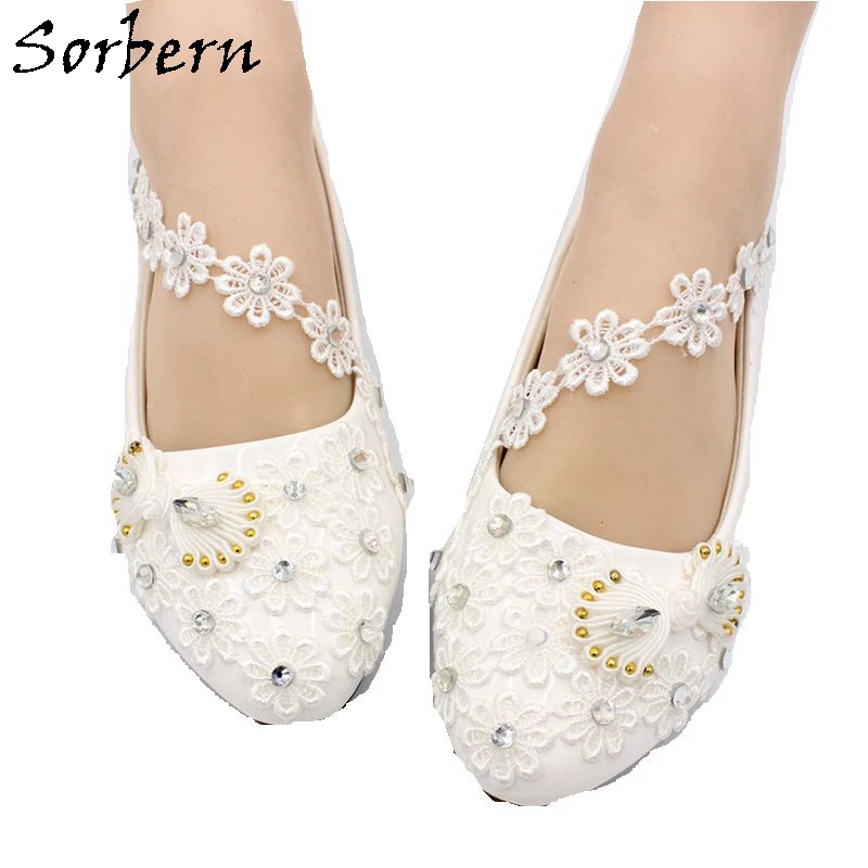 

Sorbern White Bridal Wedding Shoes Lace Applique Crystal Handmade China 35-40 Woman Shoes 1/3/5/8CM Heels Shoes For Bridals