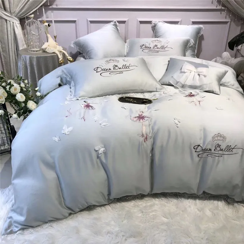 Queen King size 4/7 шт. Тенсел Шелковые Ультра мягкий шелк синего/серого цветов: Постельное белье с красивой бабочкой Детская Одежда для танцев; пододеяльник, простынь и наволочки