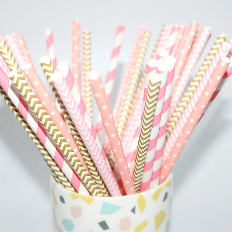 Соломинки бумажные в розовую полоску для напитков дизайнерская одноразовая