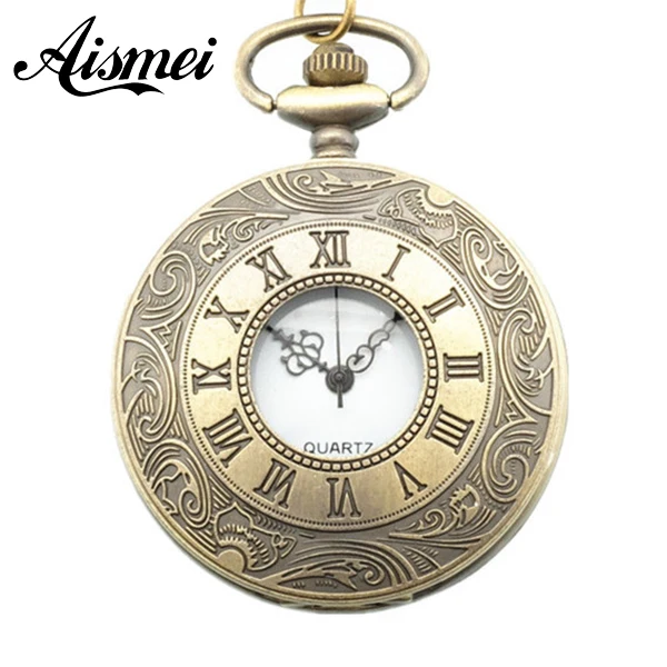 25pcs/lot Vintage Antique bronze Roman Numerals Quartz Pocket Watch Pendant with Chain Unisex Gift reloj de bolsillo