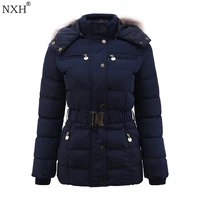 2017 new winter womens thick coat adjustable waist pockets fur hooded ladys warm jackets botton zipper slim clothing brand