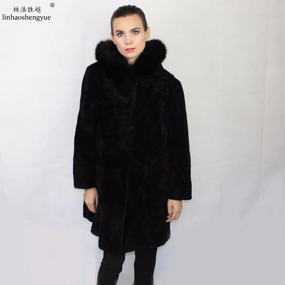 Linhaoshengyue 100cm Fashion Ladies Sheep Cut Long Cap  Coat  Cap with Fox Fur Collar  Freeshipping