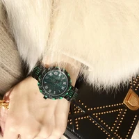 noble green crystals watches for women luxury rhinestones jewelry watch elegant lady roman dress wrist watch steel bracelet 3bar
