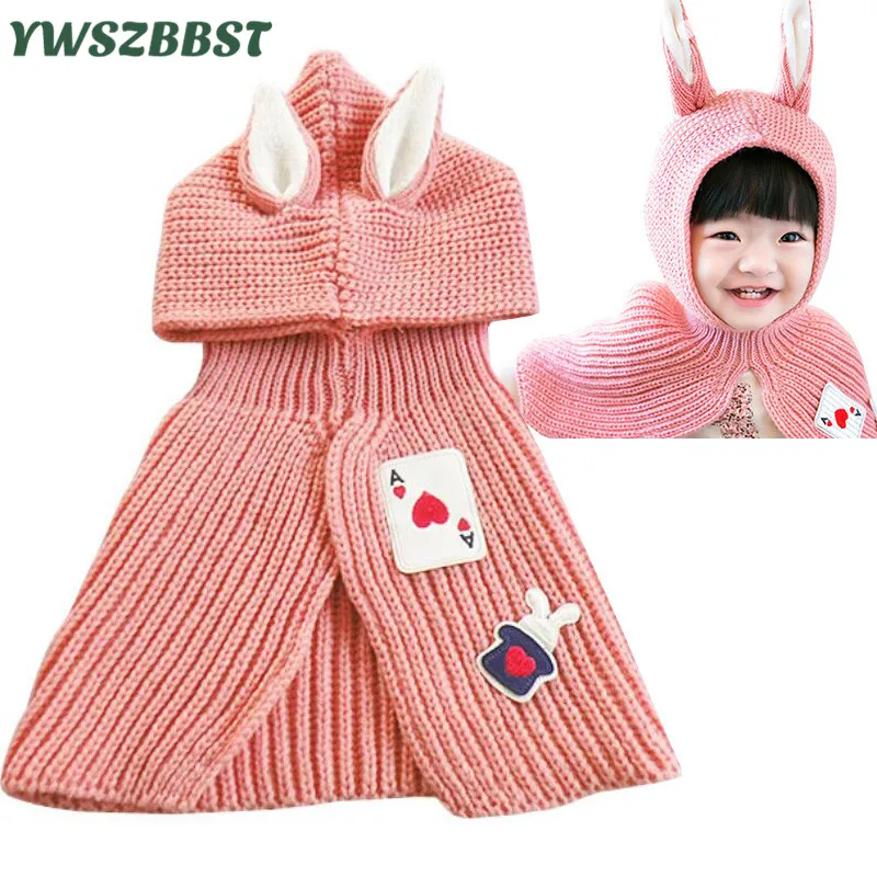 

New Fashion Winter Children Hat with Hood Scarf Cute Bunny Ear Warm Knit Kids Cap Baby Hat for Girls Boys Children Cap Beanies