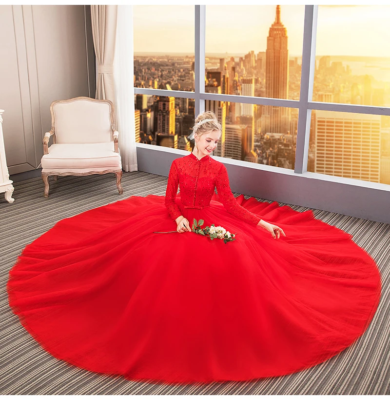 Vestidos De Novia винтажное красное свадебное платье с высоким воротом и длинным рукавом свадебное платье для мусульман бальное платье кружевное свадебное платье