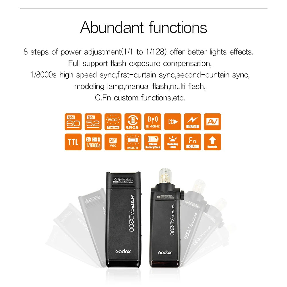 

Godox AD200 200Ws 2.4G TTL Flash Strobe 1/8000 HSS Monolight 2900mAh Battery with Bare Bulb Head & Speedlite Fresnel Flash Head