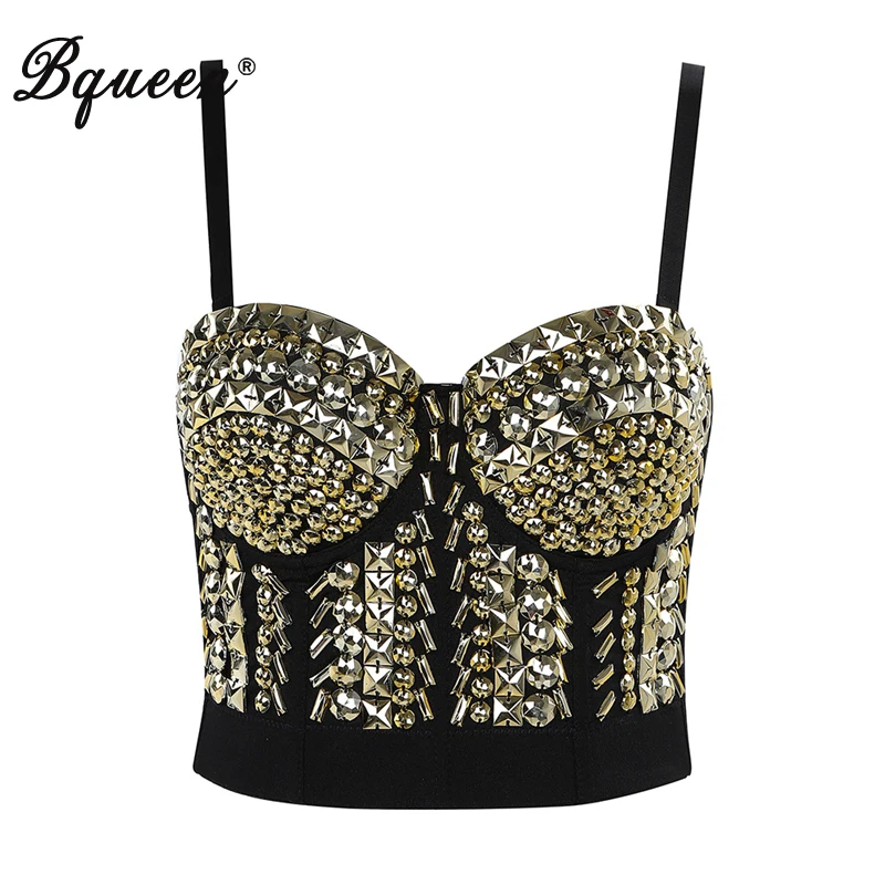 

Bqueen Sexy Gold Beading Rivet Sequined Bodycon Short Fashion Top 2019 New Vestidos Women Party Club Summer Top Vest INS