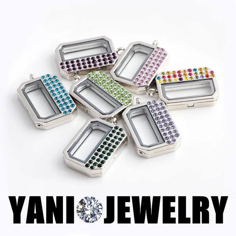 

10Pcs Rhinestone Rectangle Glass Living Memory Photo Relicario Locket Pendant For Floating Medaillon Chain Collier Jewelry Bulk