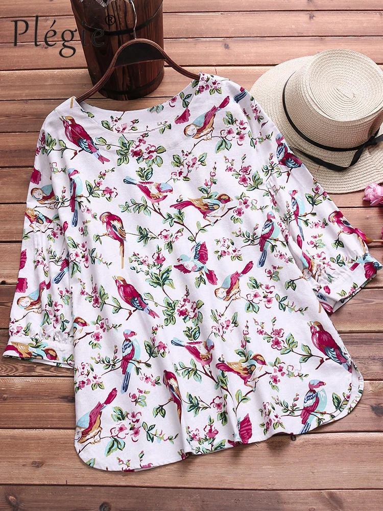 

Plegie 2019 Spring Floral Print Shirts Women Plus Size Womens Tops and Blouses Three Quarter Sleeve Cotton and Linen Blouse