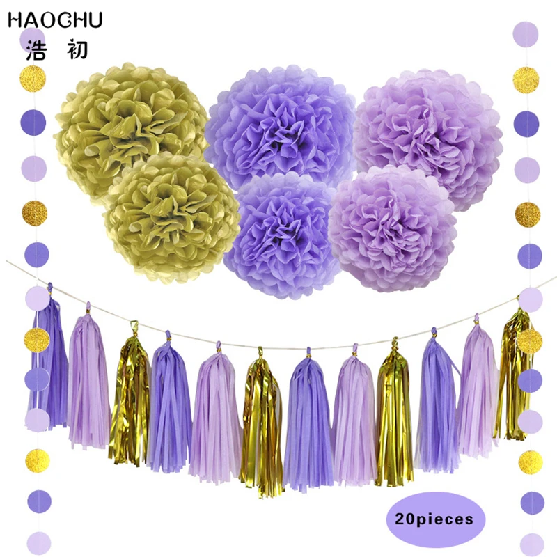 

HAOCHU 20 шт./компл. 10 ''12'' фиолетовая Золотая Бумажная гирлянда с кисточками, декоративные салфетки, помпоны для свадебной вечеринки, товары для ...