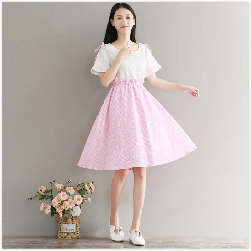 Mori Girl летнее женское милое платье круглый воротник лоскутный плед vestidos De Festa