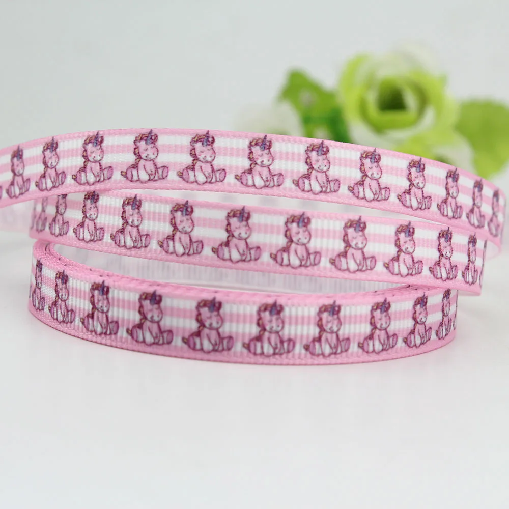 

Pink white striped ribbons 9mm narrow cartoon unicorn printed 3/8 grosgrain ribbon 25 yards gift wrapping wedding decor tape