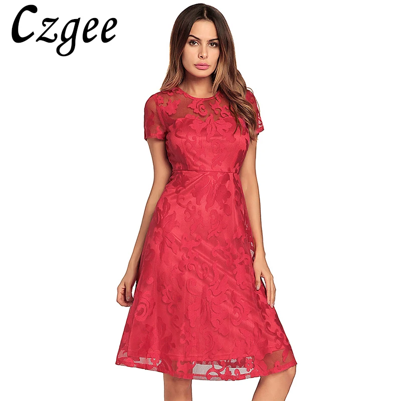 Gzgee Retro Sheer Lace Dress Female Sexy Women Pleated O Neck Short Sleeve High Waist Bandage Party Swing B1293 | Женская одежда