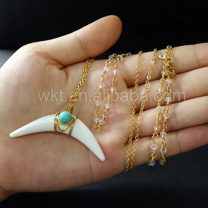 

WT-N674 40inch Gold chain Necklace Wholesale 5pcs crystal stone beads chain 24k gold trim chain horn pendant necklace Jewelry