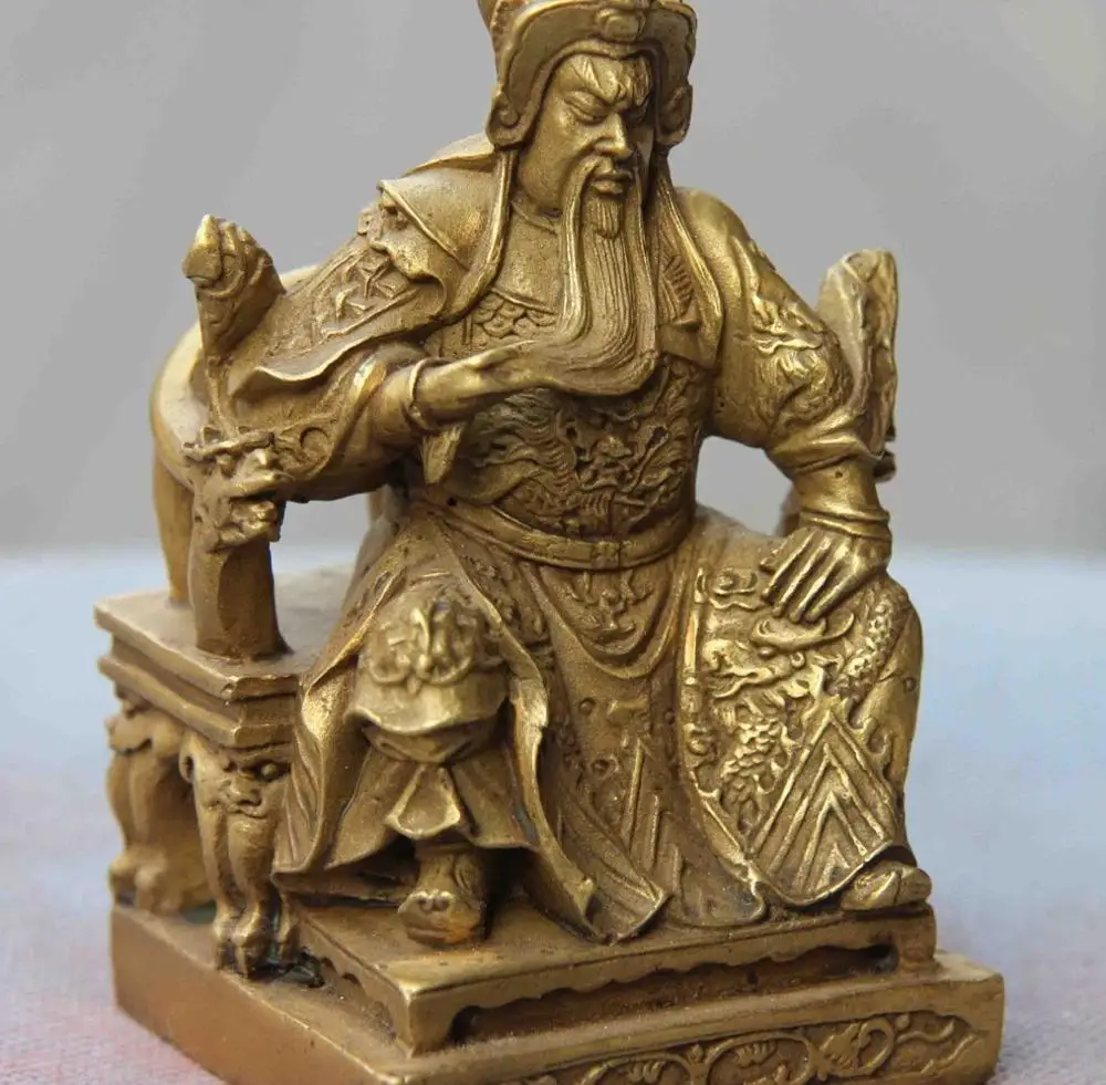 Китай Народная Медь Бронза Латунь Drgon Сидеть Дракон GuanGong Гуань Юй Воин Статуя|statue