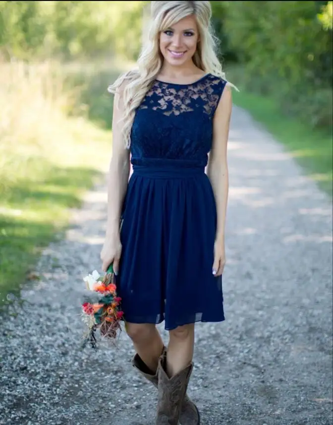 Темно-Синий Короткие Платья Невесты Рукавов Кружева Топ Шифон Юбка-Line Колен