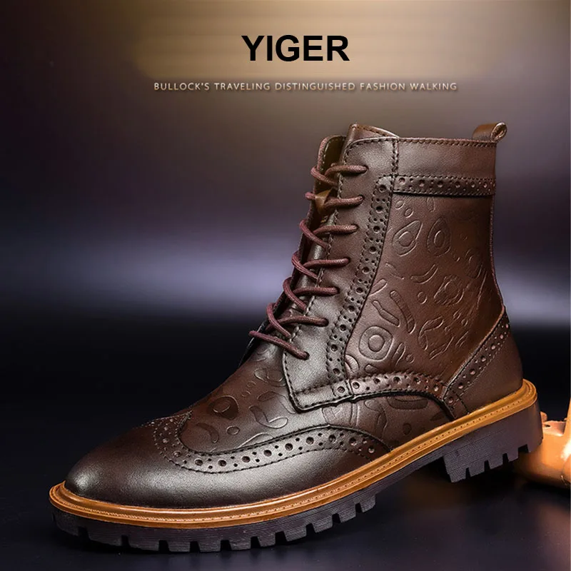 YIGER/новые зимние мужские ботинки мартинсы из натуральной кожи; большие размеры 38-47; высокие мужские военные ботинки Bullock на шнуровке; армейские ботинки; 0163