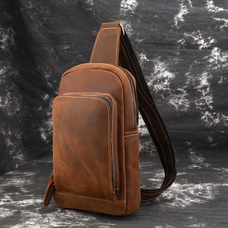 

Brand Men Crazy Horse Cowhide Chest Bags Shoulder Messenger Bag Casual Retro Classic Cross Body Sling Rucksack Back Day Pack