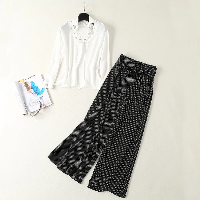 

HIGH QUALITY New Fashion 2021 Office Ladies Long Sleeve Turn-Down Collar White Lacing Silk Tops And Dot Wide Legs Pants Set