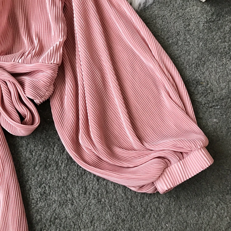 ALPHALMODA, весна-лето, плиссированные шифоновые блузки с v-образным вырезом, галстук-бабочка, пояс, рукав-фонарик, Женская однотонная модная одежда